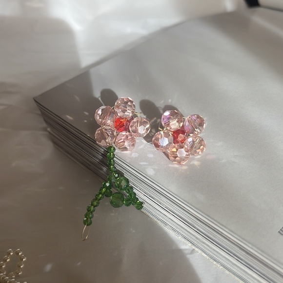 Hand Beaded Asymmetrical Pink Flower Earrings - Picture 8 of 8